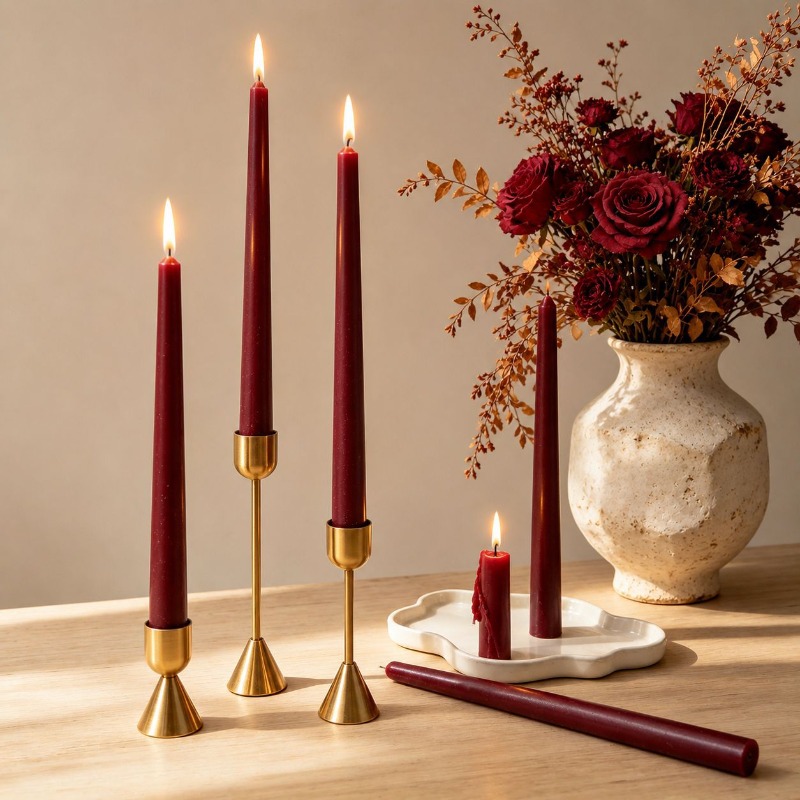 Silk Candle - Burgundy Taper Candles, Long Stem Smokeless